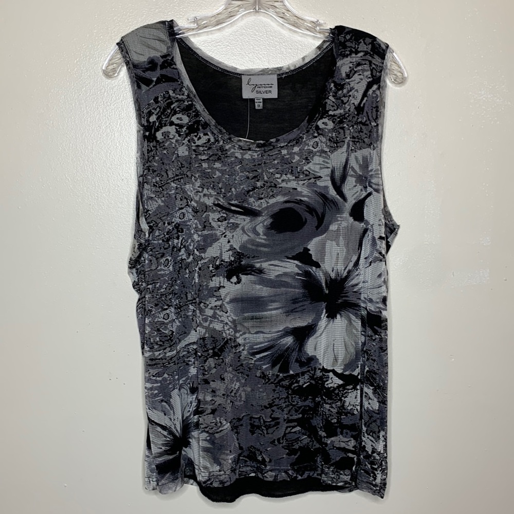 LYNN RITCHIE SILVER Tank Black & Gray SILK Scoop Neck Floral Style X7400 Size 1X
